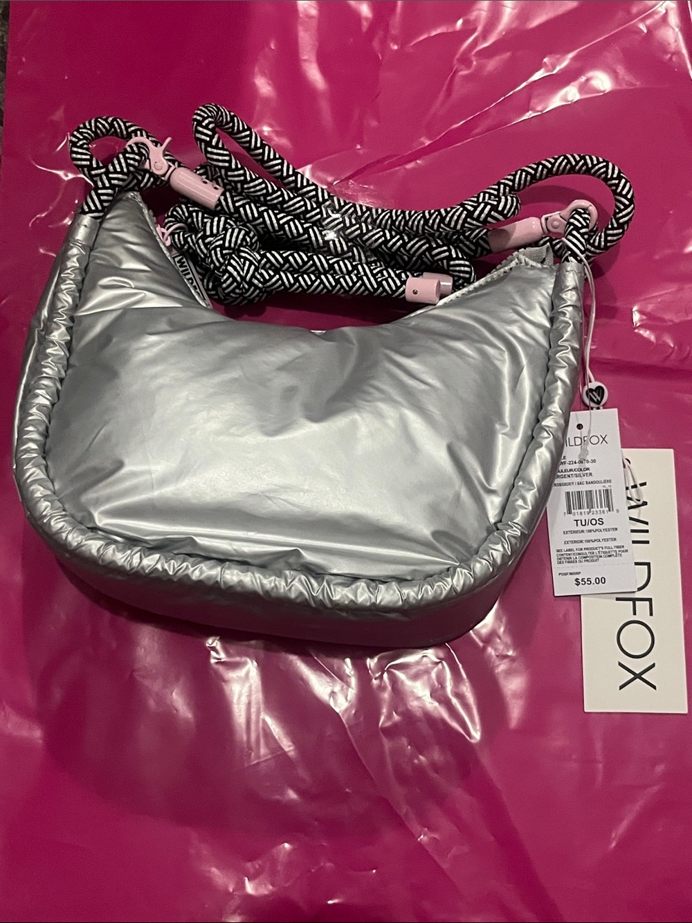 Wildfox Metallic Silver Puffer Crossbody with Black-and-White Rope Strap